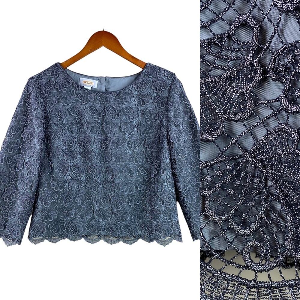 Talbots Silver Gray Lace Formal Blouse Button Back Size 8 Petite New With Tags